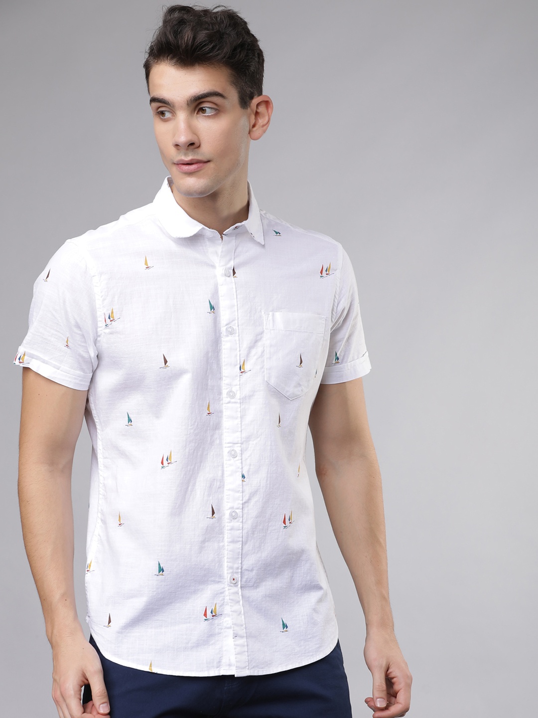 HIGHLANDER Men White Slim Fit Printed Casual Shirt