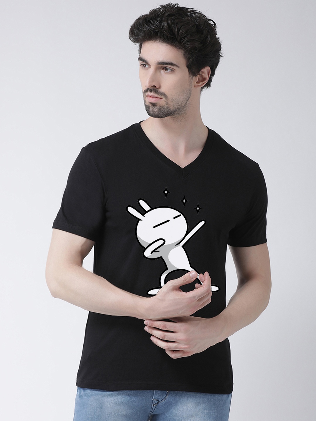 

Friskers Men Black Printed V-Neck T-shirt