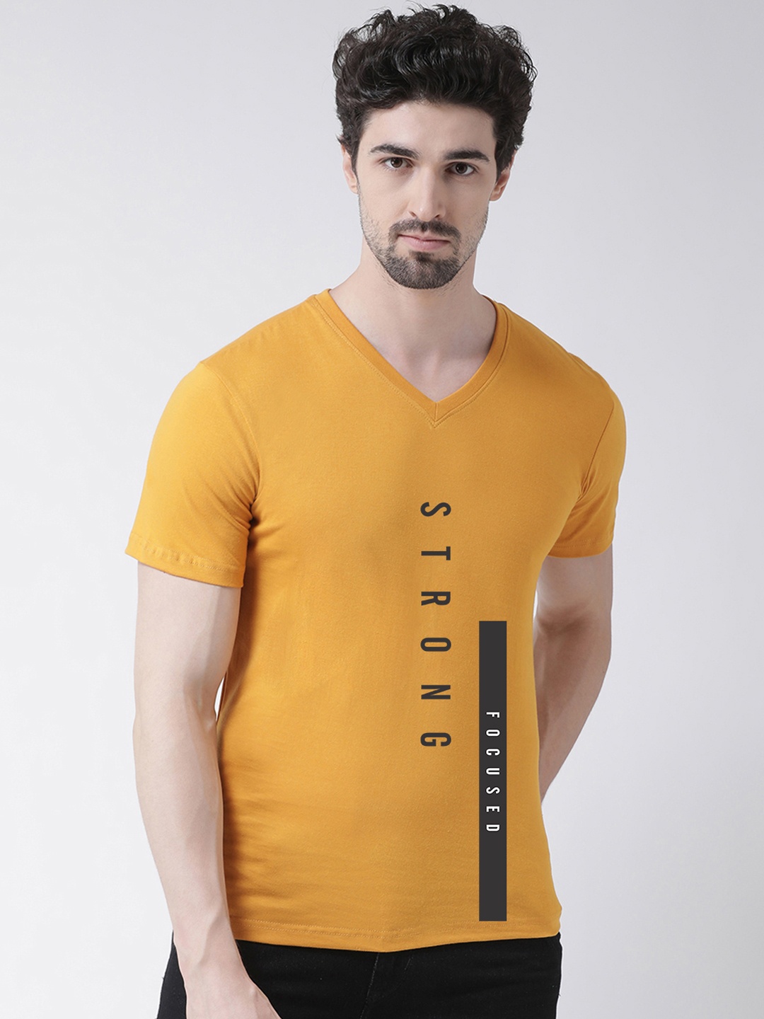 Friskers Men Mustard Yellow Printed V-Neck T-shirt, Gold