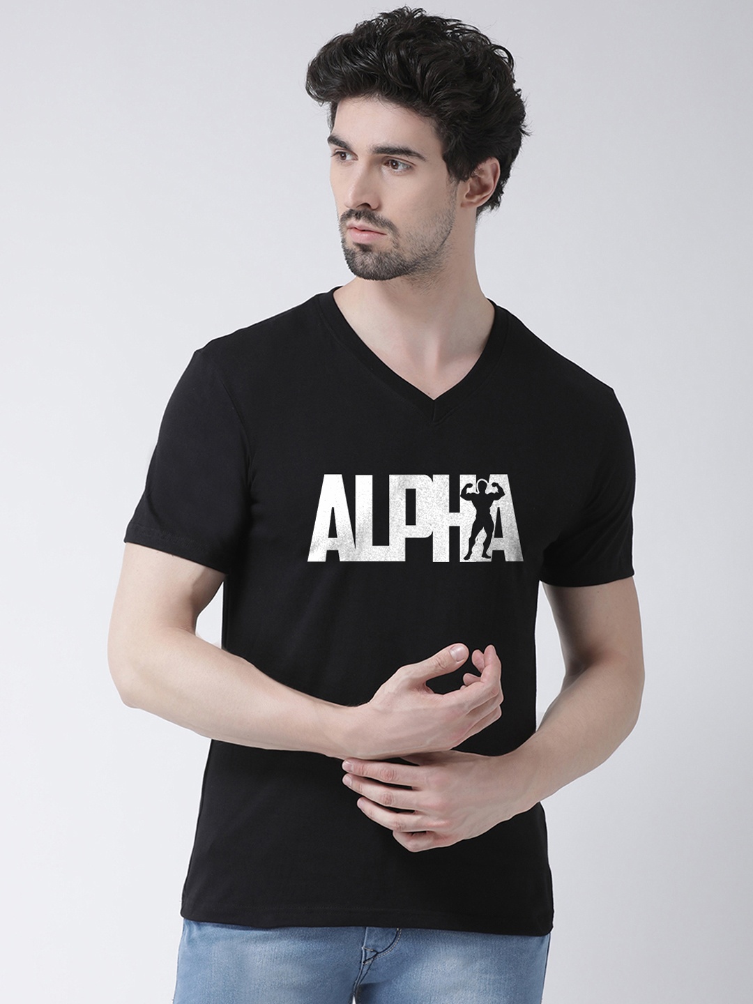 

Friskers Men Black Printed V-Neck T-shirt