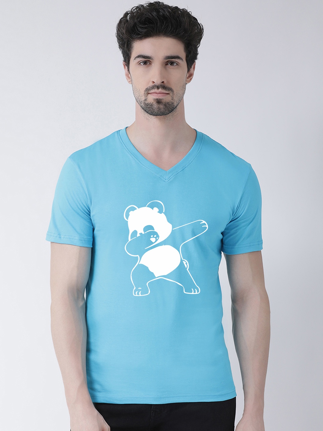 Friskers Men Turquoise Blue & White Printed V-Neck T-shirt