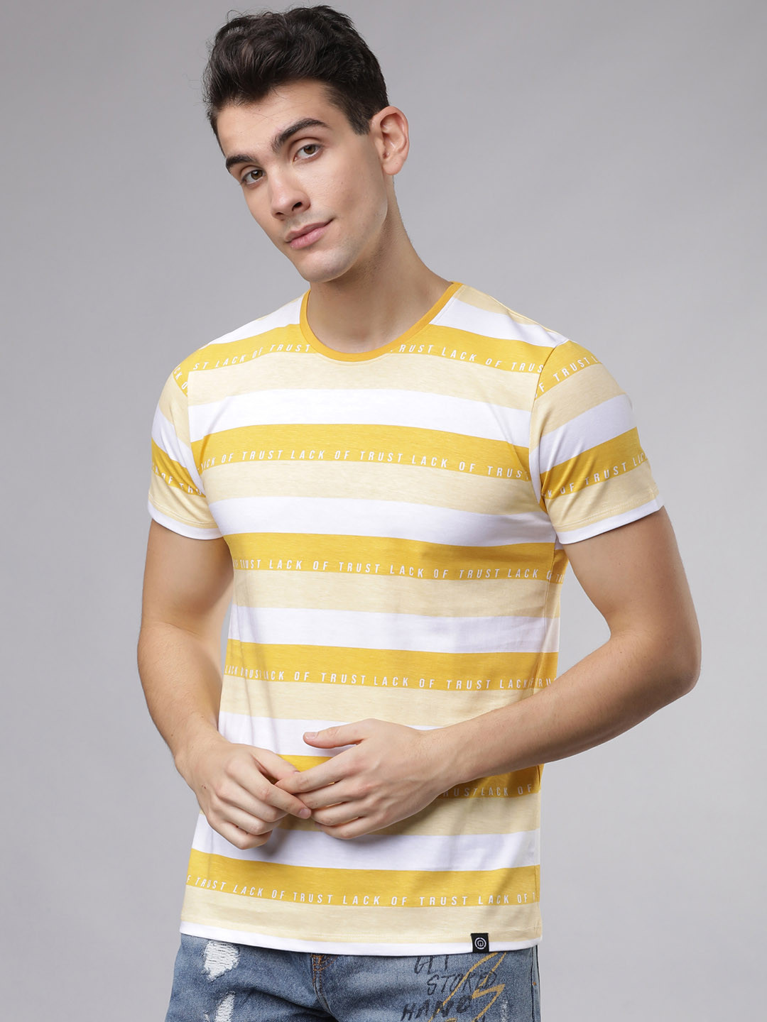 

LOCOMOTIVE Men Yellow Striped Round Neck T-shirt