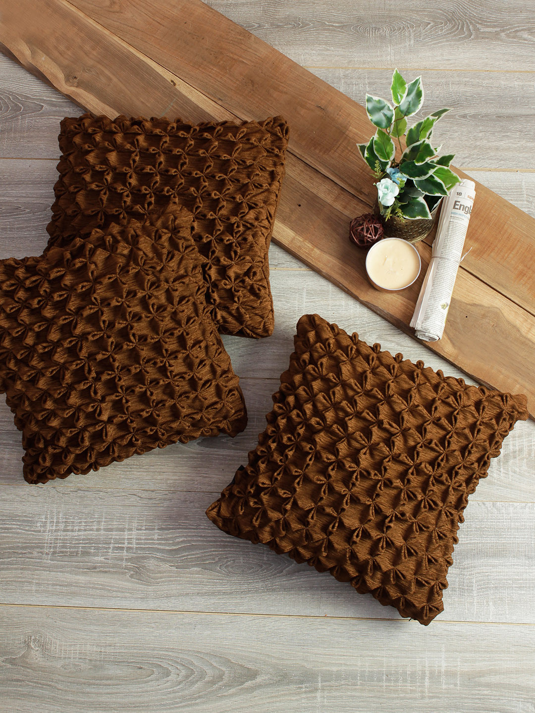 

ROMEE Brown Set of 3 Self Design Square Cushion Covers