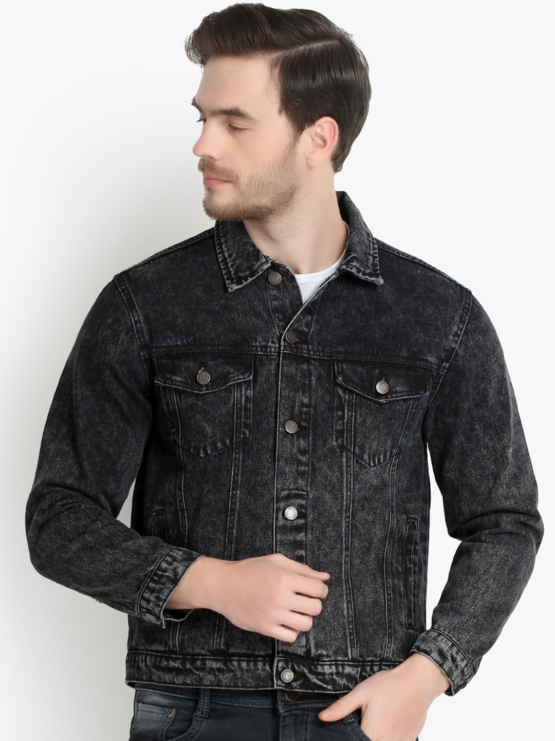 

Kotty Men Black Solid Denim Jacket
