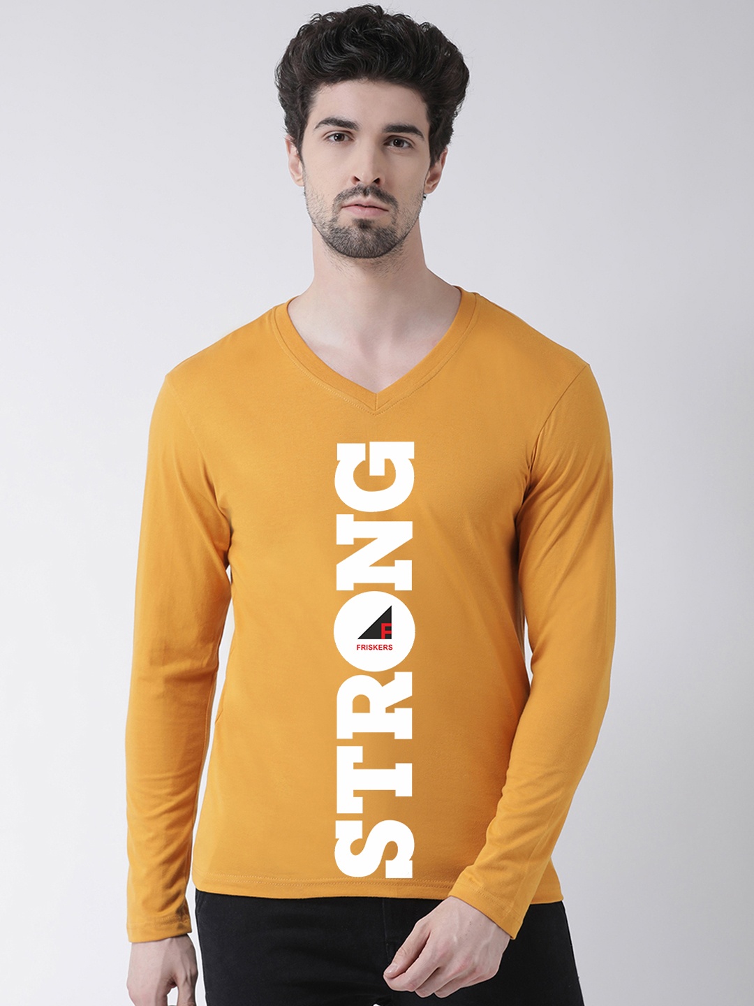 Friskers Men Mustard Yellow Printed V-Neck T-shirt