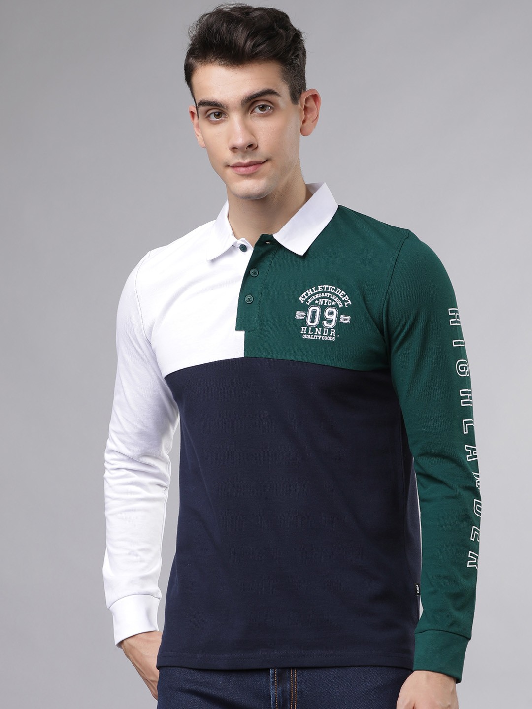 

HIGHLANDER Men Navy Blue & Green Slim Fit Colourblocked Polo Collar T-shirt