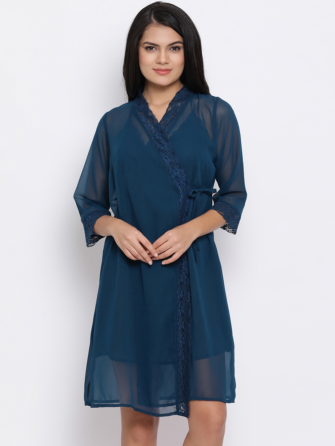 

Clovia Women Navy Blue Solid Lace Sheer Short Robe