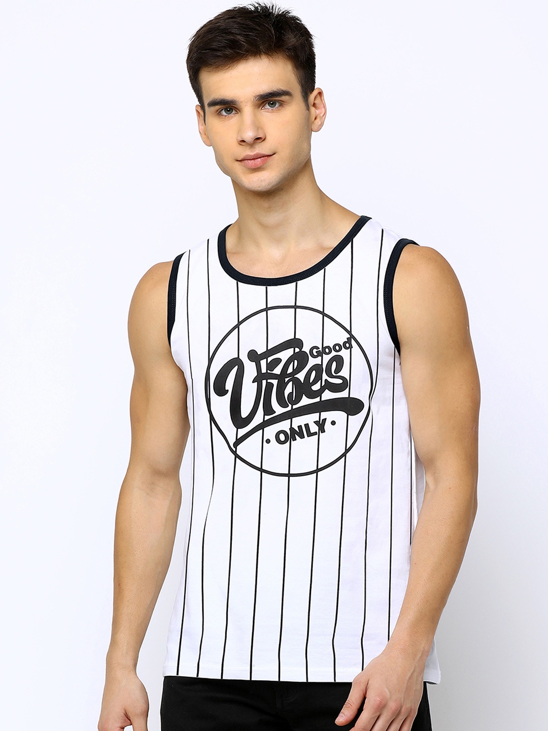 

Maniac Men White Black Striped Round Neck Pure Cotton T-shirt