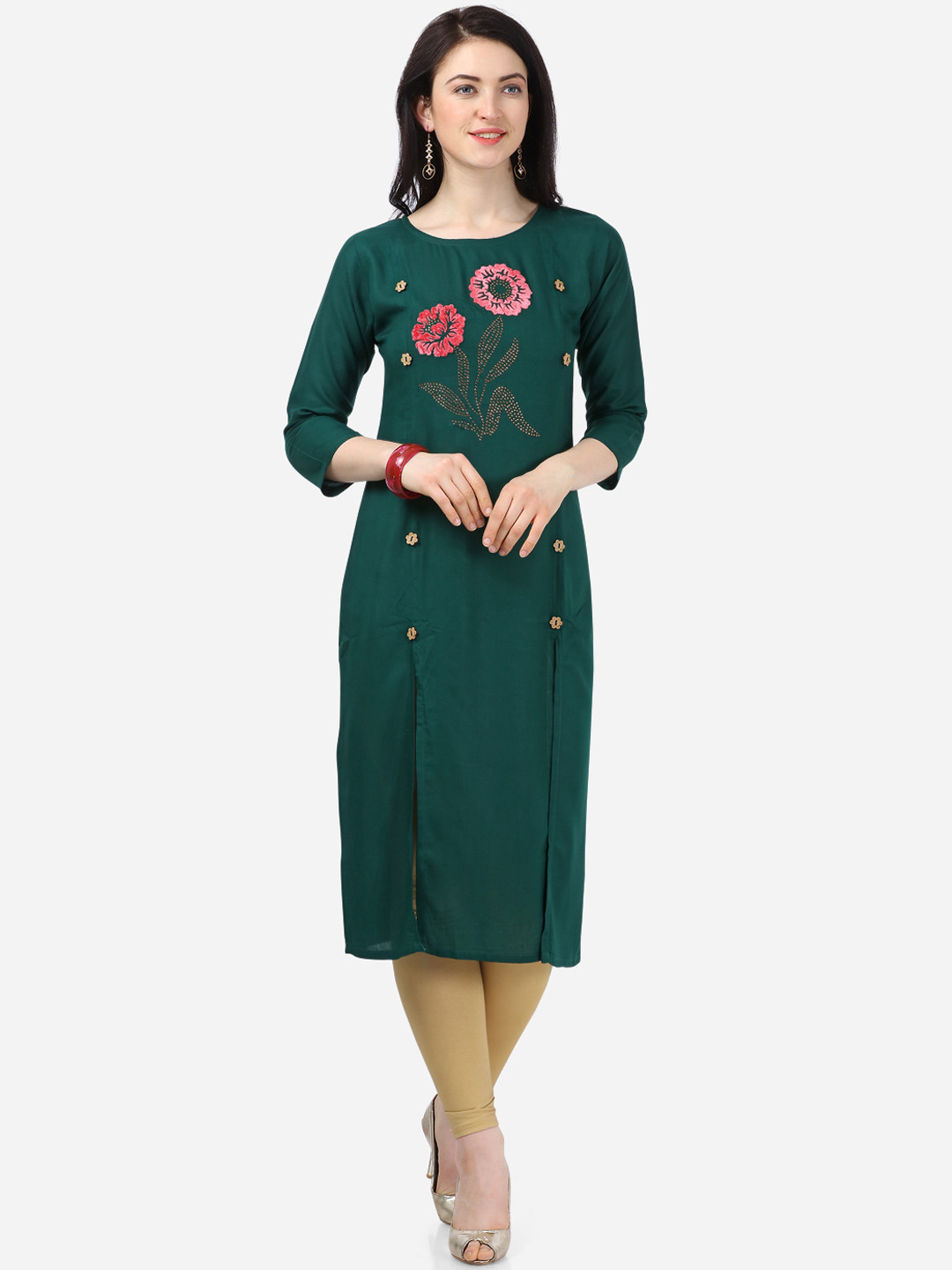 

Kvsfab Women Green Embroidered Straight Kurta