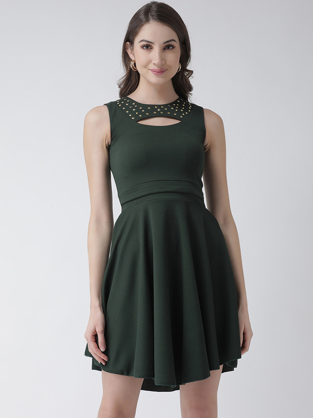 

KASSUALLY Women Olive Green Solid Fit and Flare Dress