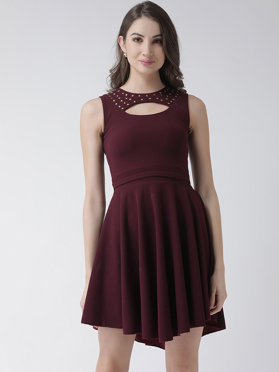 

KASSUALLY Women Burgundy Solid Fit and Flare Dress