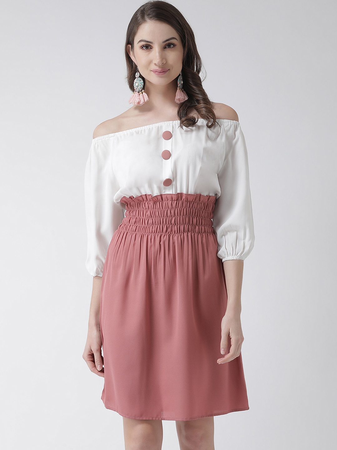

KASSUALLY Women Pink & White Colourblocked Smocked Waist Blouson Dress