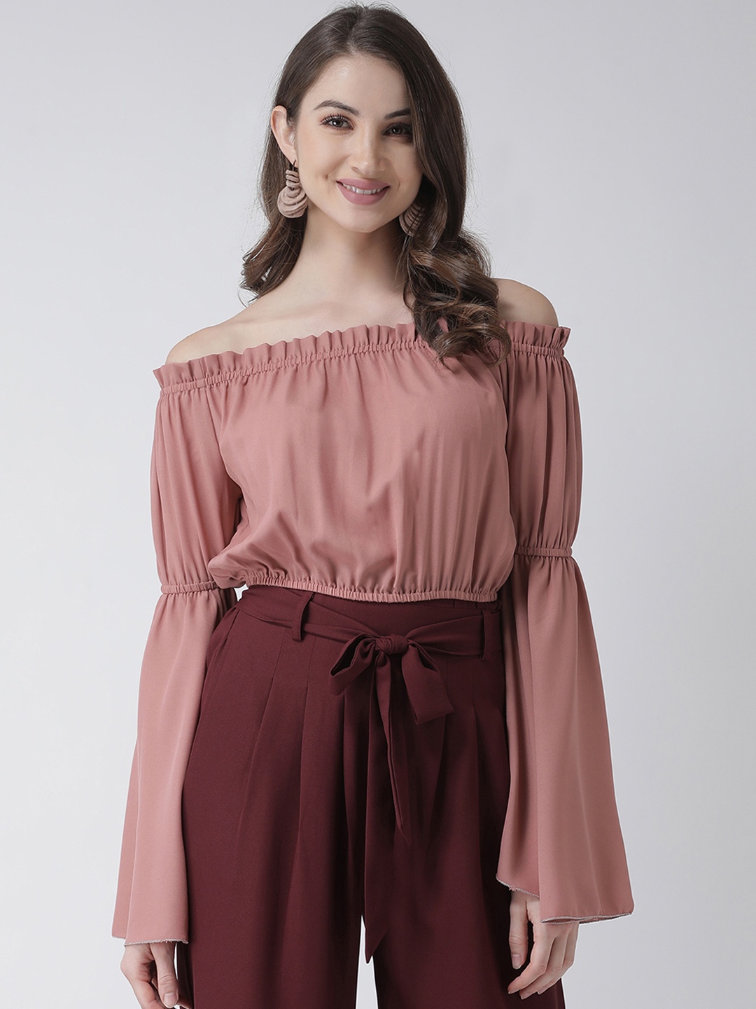

KASSUALLY Women Pink Solid Bardot Top