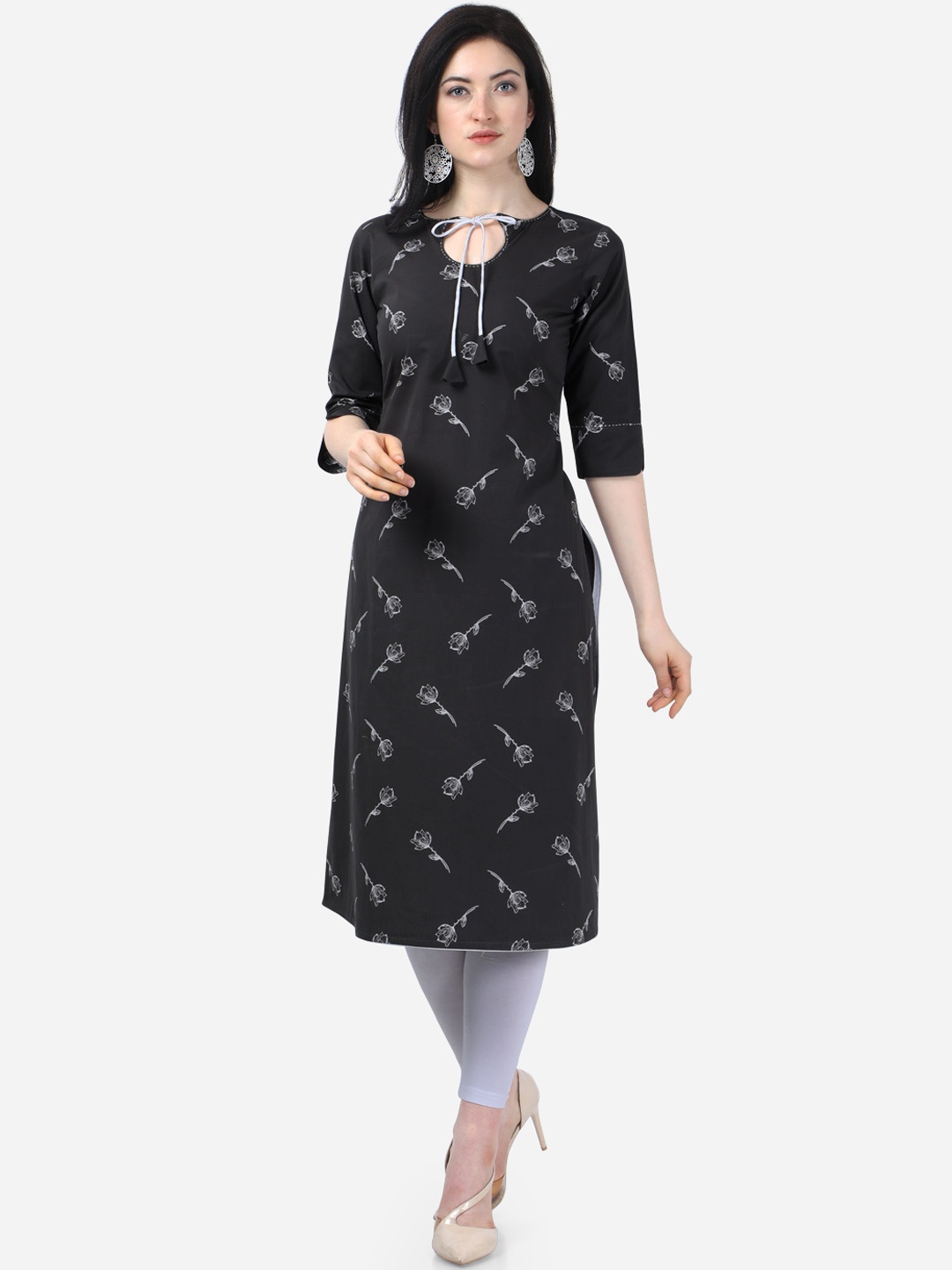 

Kvsfab Women Black Printed Straight Kurta