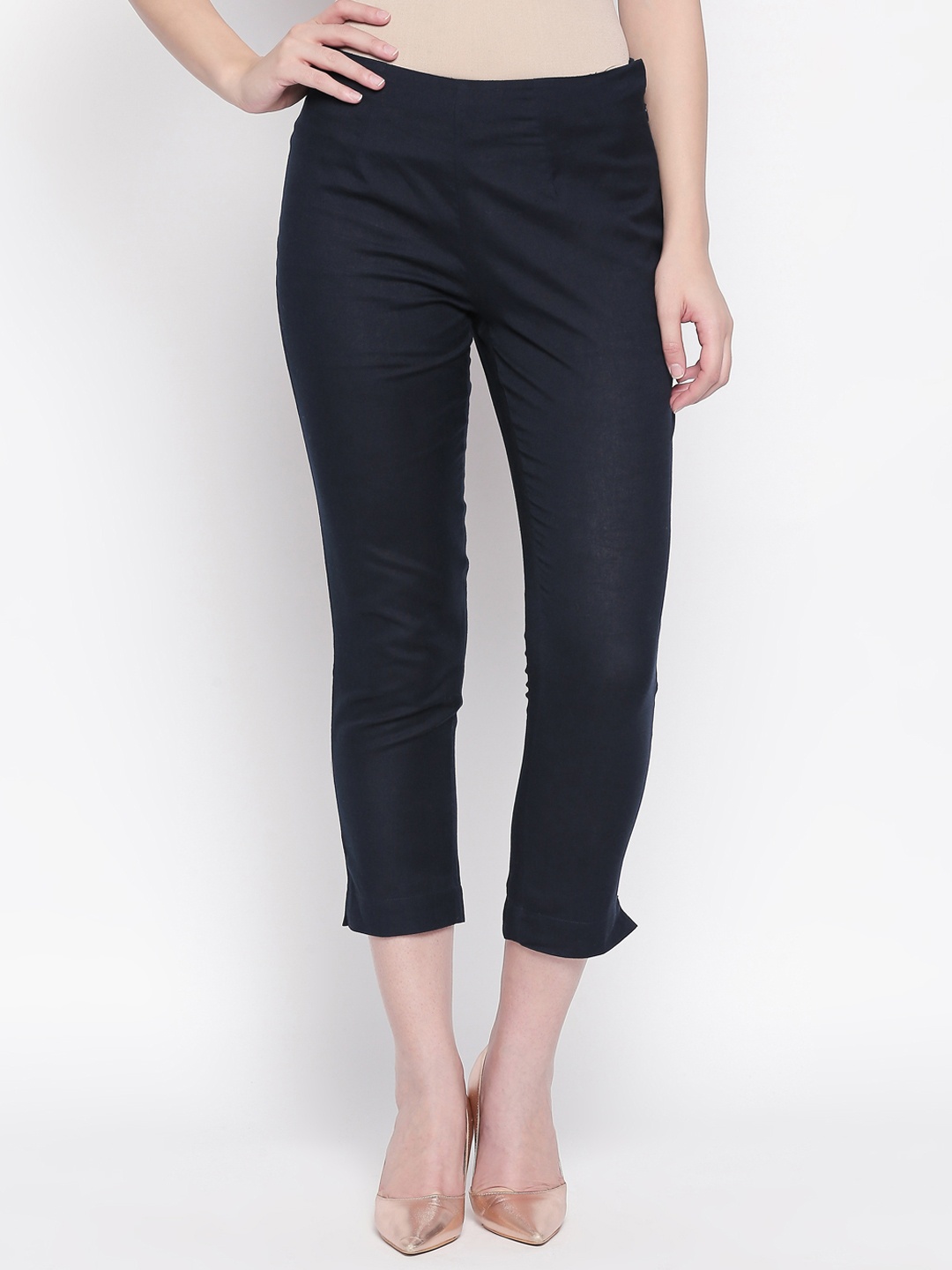 RANGMANCH BY PANTALOONS Women Navy Blue Regular Fit Solid Peg Trousers