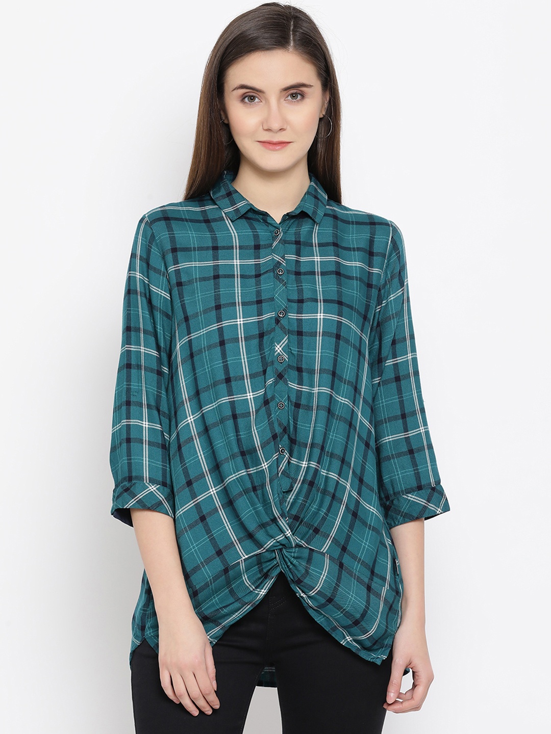 

Crimsoune Club Women Green Checked Shirt Style Top