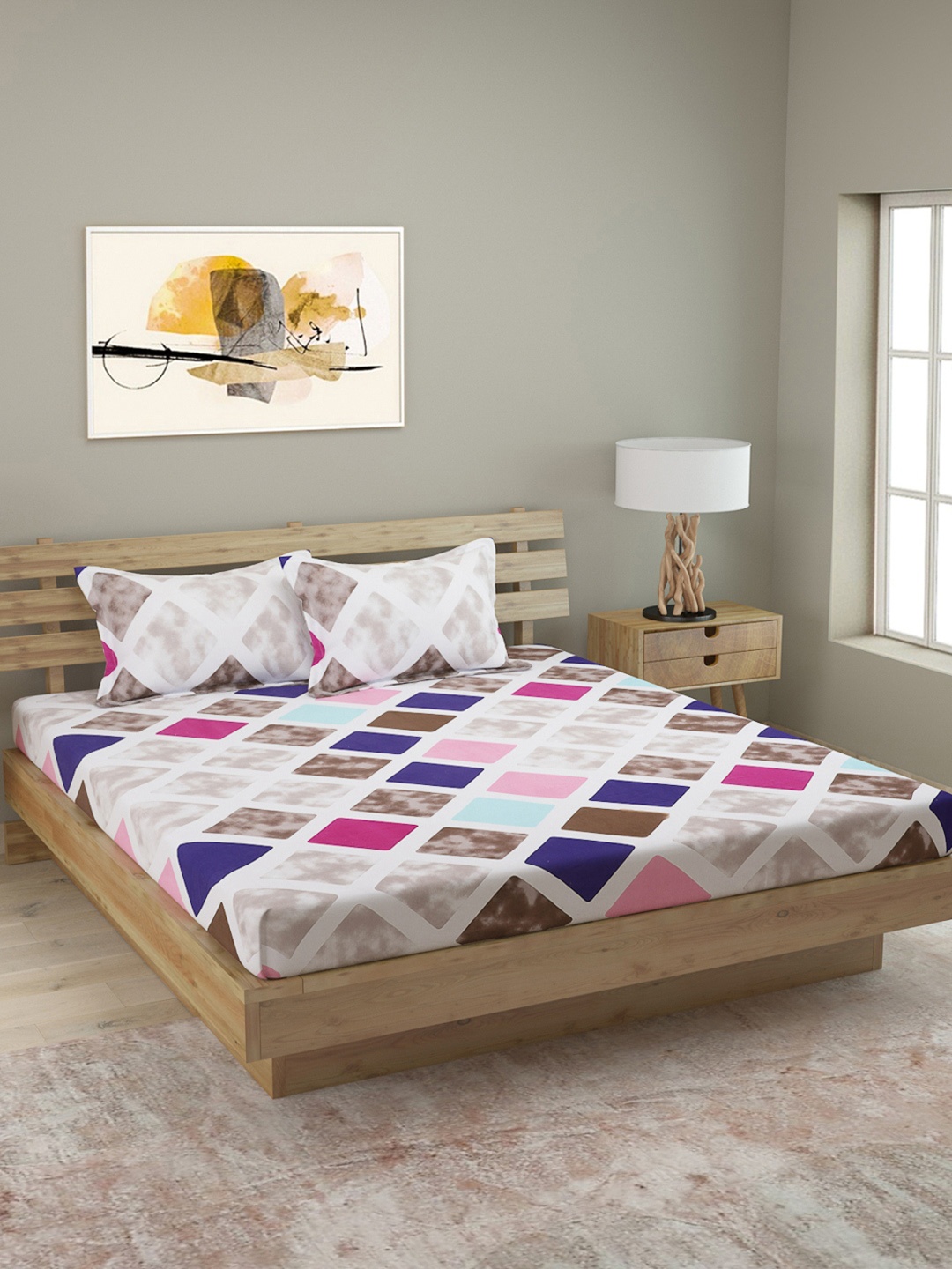 

ROMEE Brown & White Geometric 120 TC Cotton 1 Queen Bedsheet with 2 Pillow Covers