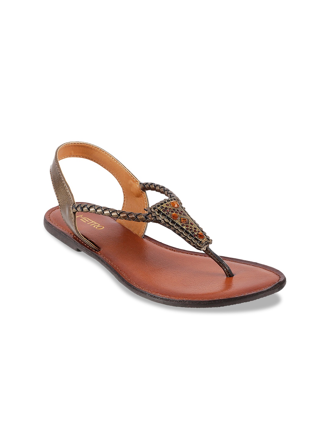 

Metro Women Bronze-Toned Embellished Leather T-Strap Flats
