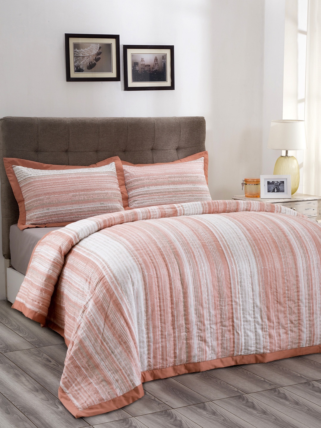 

MASPAR Peach-Coloured & White Striped AC Room 120 GSM Double Bed Quilt