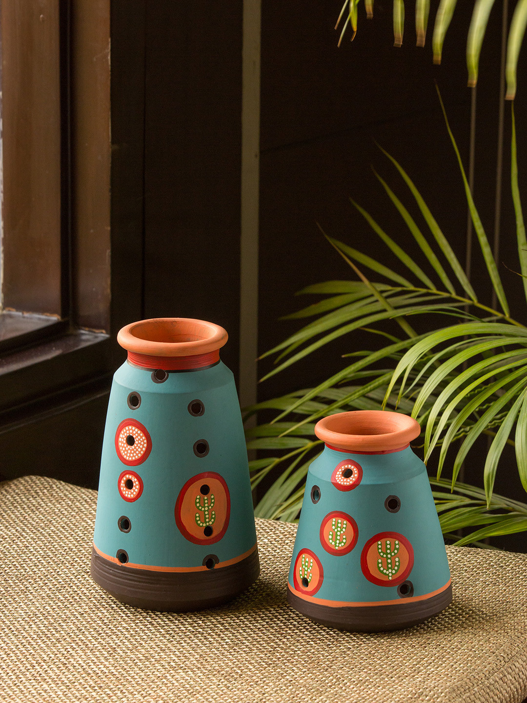 

ExclusiveLane Turquoise Blue & Brown 2 Pieces Hand-Painted Terracotta Vase Set