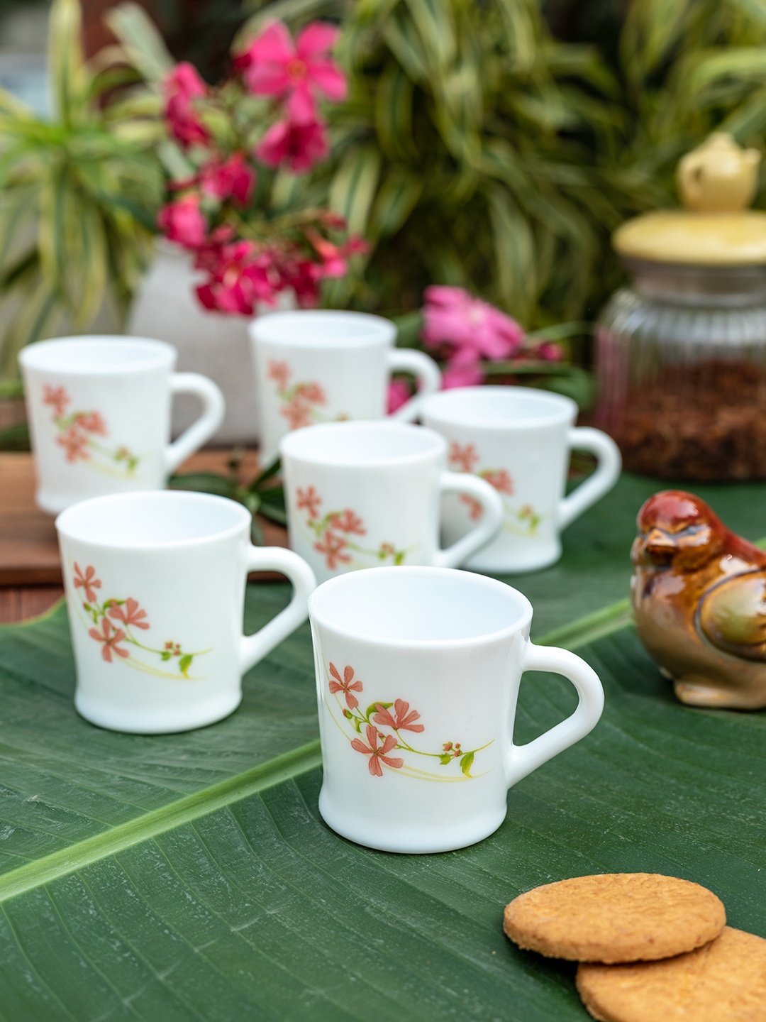 Laopala White & Green Set Of 6 Printed Opalware Cups Set