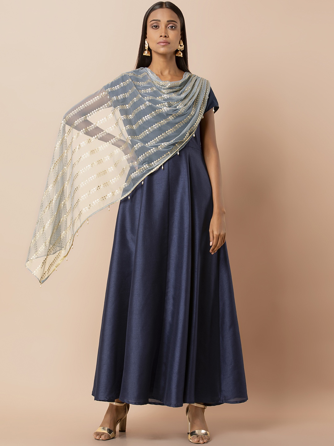 

INDYA Women Blue Solid Straight Kurta With Attached Dupatta