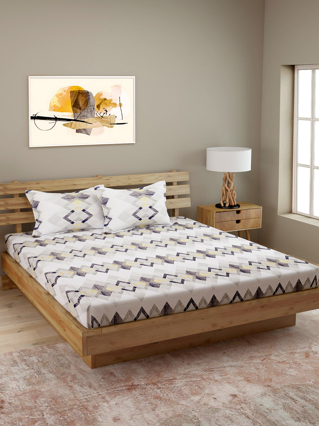 

ROMEE Grey & Yellow Geometric 250 TC Poly Satin 1 Queen Bedsheet with 2 Pillow Covers