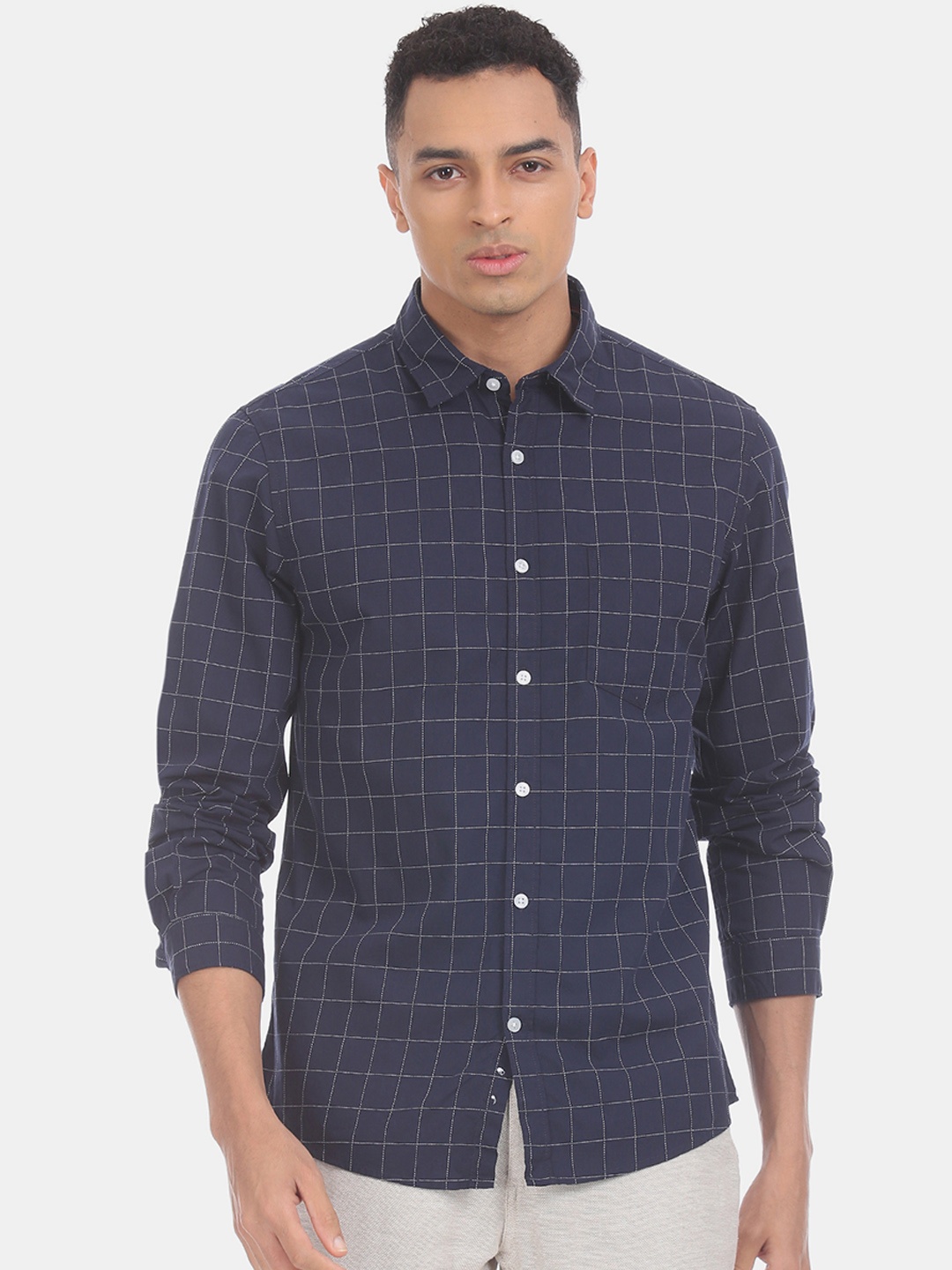 

Ruggers Men Navy Blue Regular Fit Checked Casual Shirt