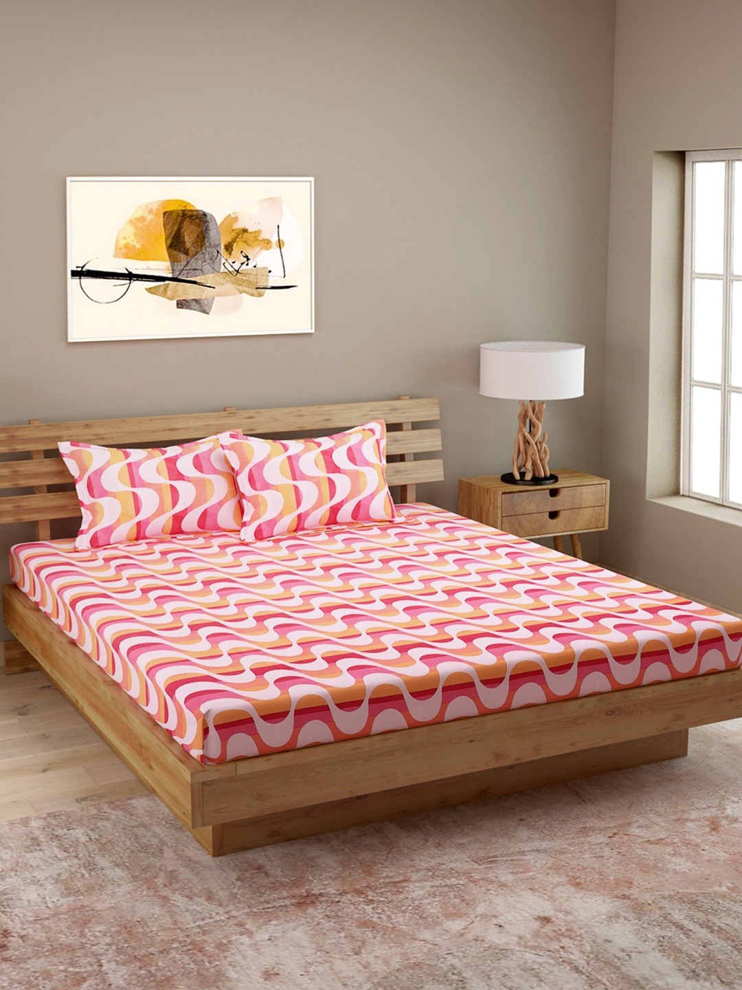 

ROMEE Pink & Yellow Abstract 120 TC Microfiber 1 Queen Bedsheet with 2 Pillow Covers