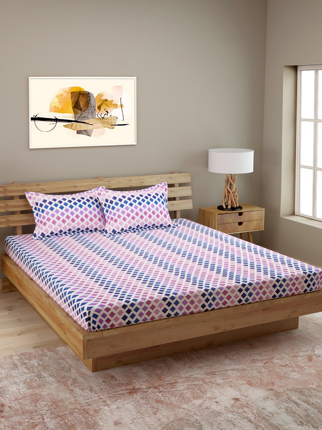 

ROMEE Checkered 144 TC Microfiber Queen Bedsheet with 2 Pillow Covers, Purple