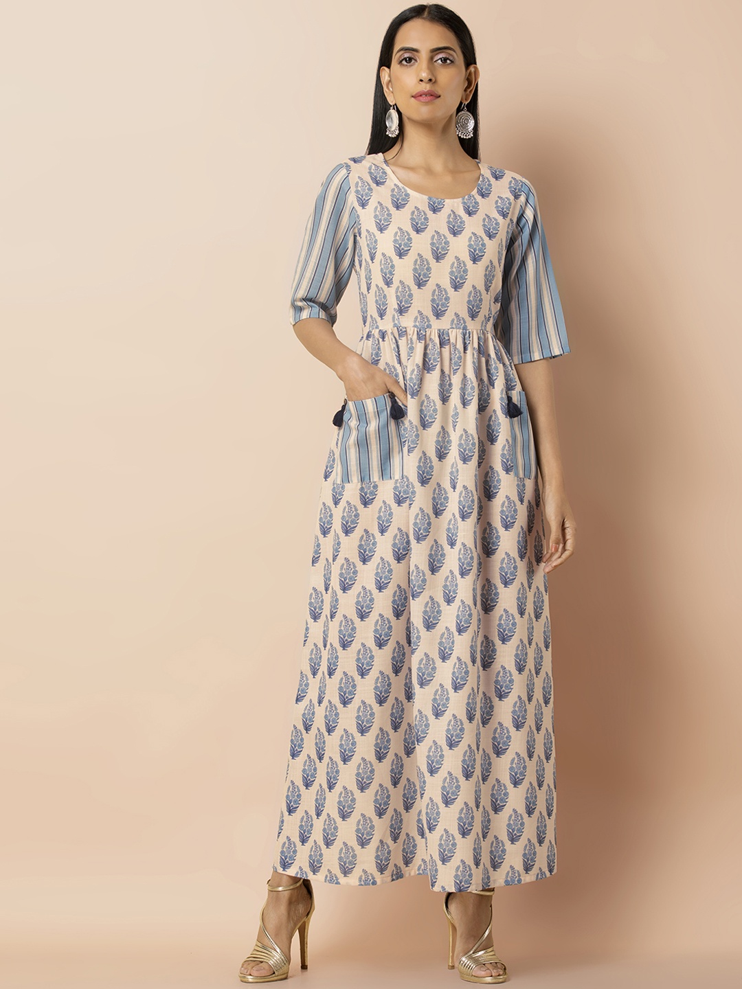 

INDYA Women Peach-Coloured Printed Maxi Ethnic Dress