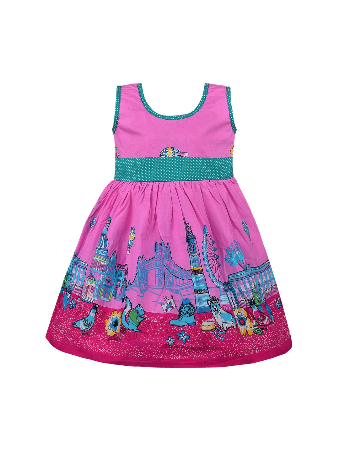 Wish Karo Girls Pink & Blue Printed Fit and Flare Dress