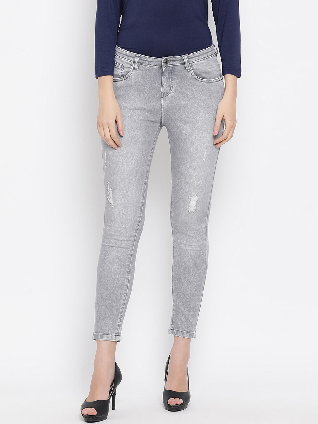 

Crimsoune Club Women Grey Super Skinny Fit Mid-Rise Low Distress Jeans