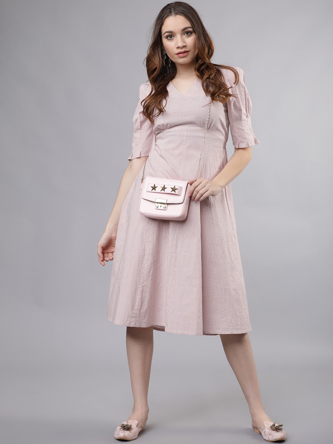 

Tokyo Talkies Women Pink & Off-White Checked Fit and Flare Dress