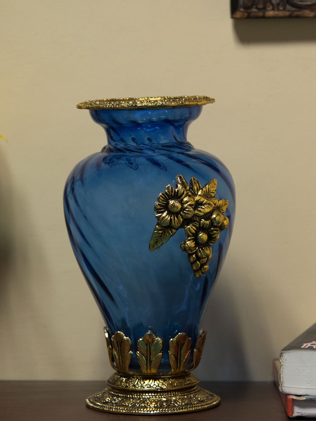 

Homesake Blue & Gold-Toned Textured Large Flower Vase with Antique Grapevine Brooch