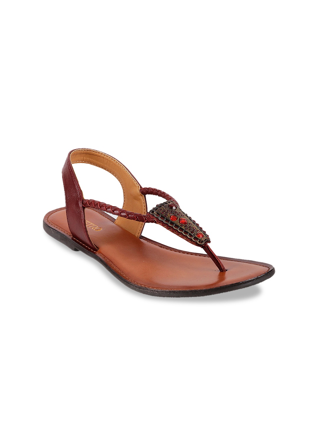 

Metro Women Maroon Solid Leather T-Strap Flats