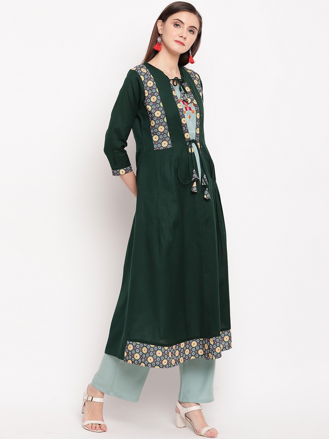 

Kvsfab Women Green Floral Embroidered Layered Thread Work Kurti with Palazzos