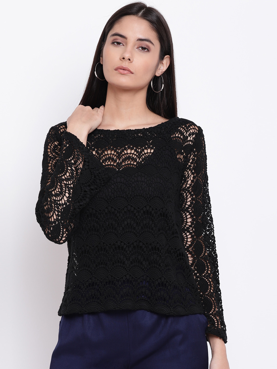 

RIVI Women Black Self Design Pure Cotton Top