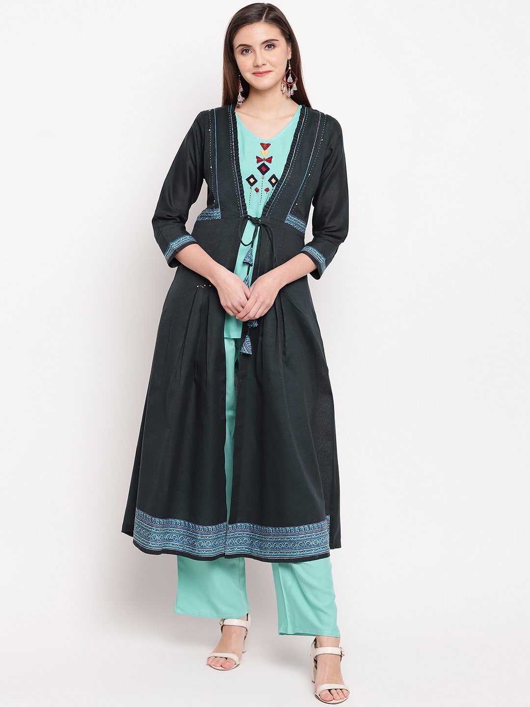 

Kvsfab Women Green Embroidered Kurti & Palazzos with Ethnic Jacket