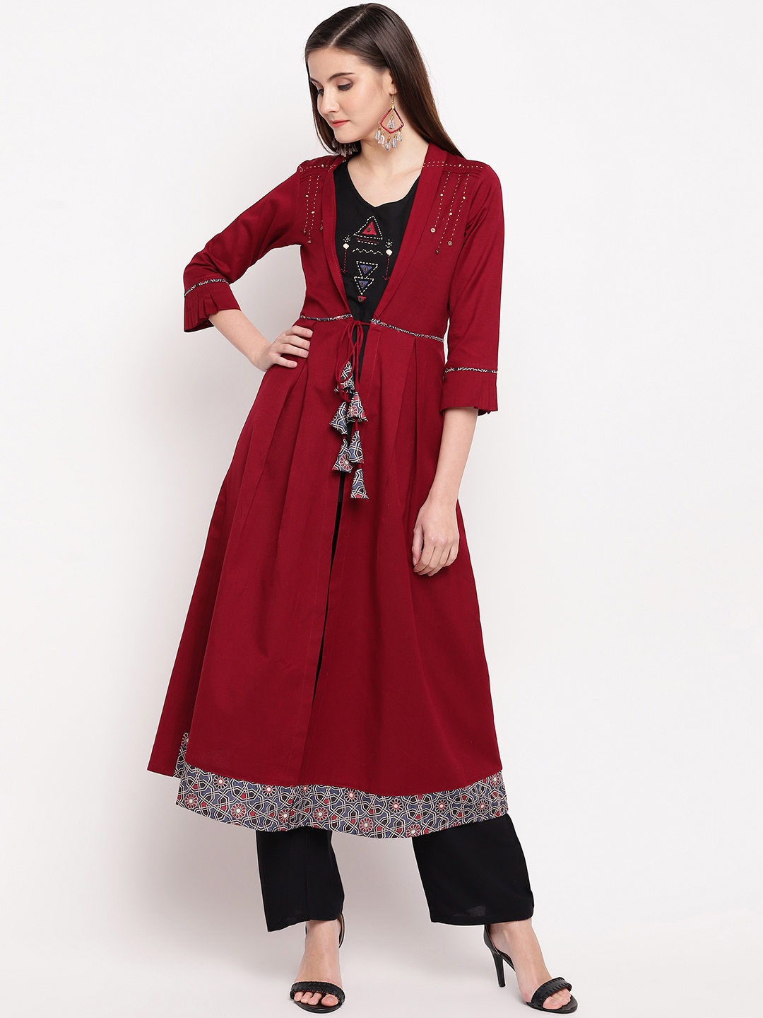 

Kvsfab Women Maroon & Black Embroidered Kurti & Palazzos with Ethnic Jacket