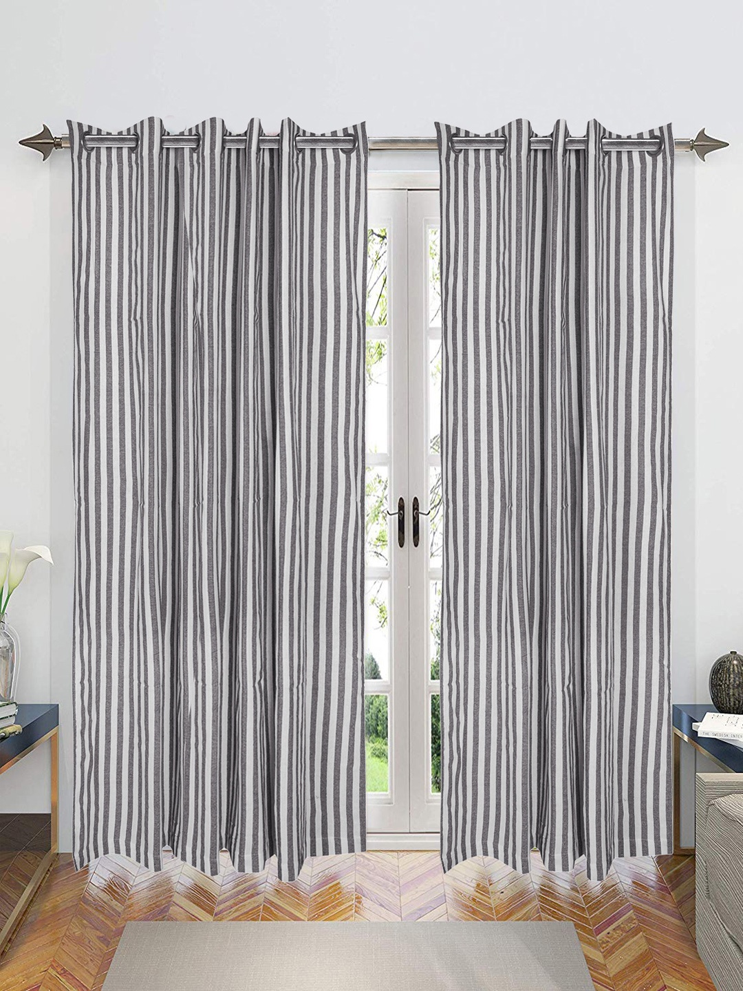 Saral Home Cotton Striped Set of 2 Long Door Curtains, Grey