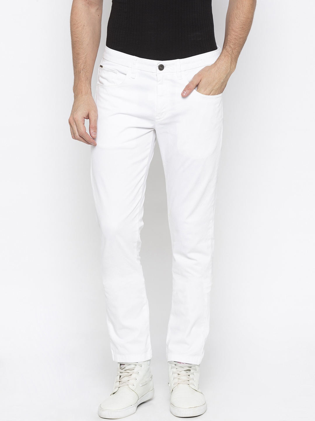

SPYKAR Men White Tapered Fit Solid Regular Trousers