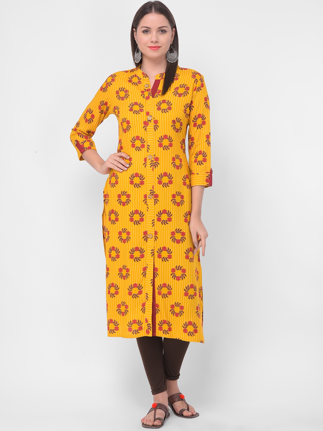 

aayusika Women Yellow & Red Printed Straight Kurta