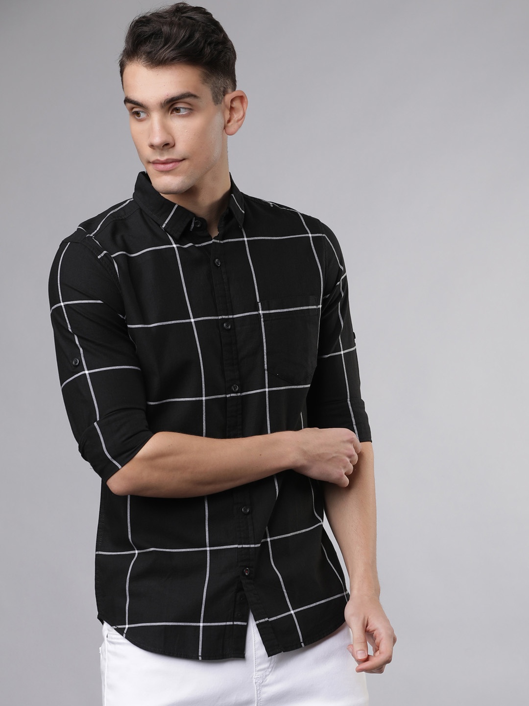 

LOCOMOTIVE Men Black & White Slim Fit Checked Casual Shirt