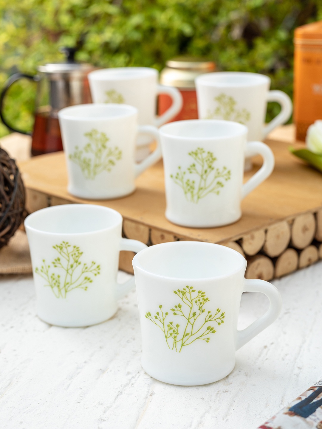 

Laopala Set of 6 White & Green Printed Opalware Cups
