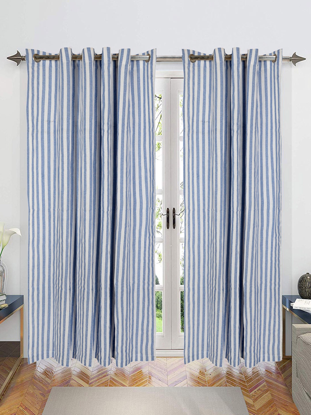 

Saral Home Cotton Striped Set of 2 Long Door Curtains, Blue