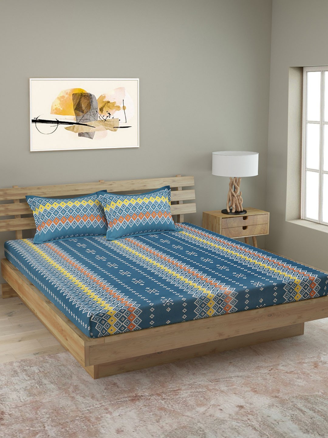 

ROMEE Blue & White Geometric 120 TC Cotton 1 Queen Bedsheet with 2 Pillow Covers