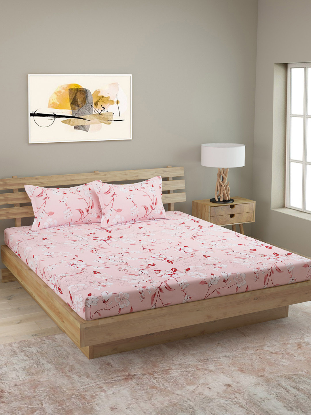 

ROMEE Pink & White Floral 250 TC Poly Satin 1 Queen Bedsheet with 2 Pillow Covers
