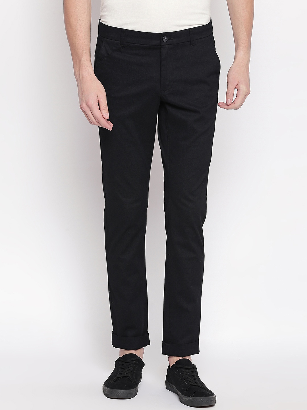 Basics Men Black Tapered Fit Solid Regular Trousers