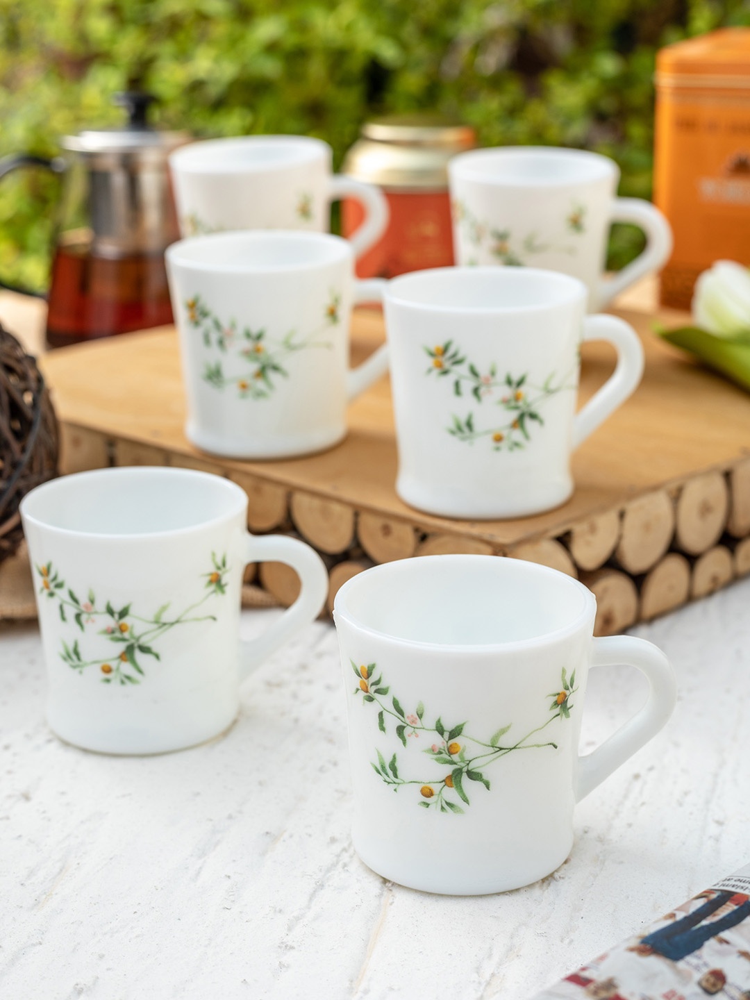 

Laopala White & Green Set Of 12 Printed Opalware Cups Set